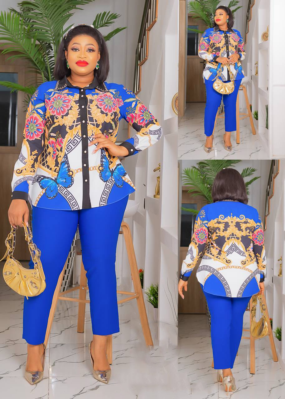 Women’s Digital print stones Blouses and trousers two pieces set