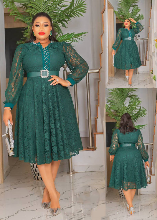 Women’s green lace gown with belts